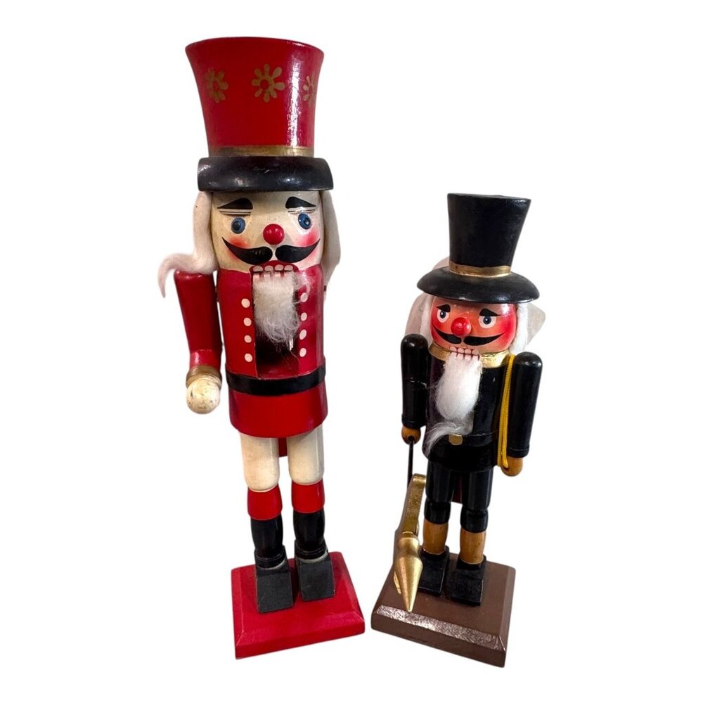 Vtg Hand-Painted Wooden Nutcracker Set of 2 Crafts Need Repair Red & Black READ